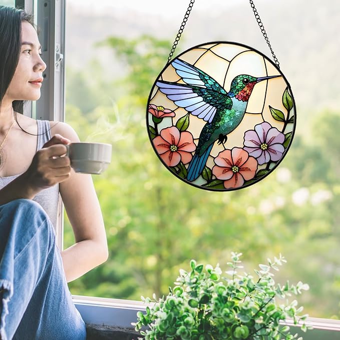Hummingbird Stained Glass Suncather for Window Hanging, 6.3'' Hummingbird Ornament Gift for Women, Nature-Inspired Wall Art Home Decor Gifts for Mom, Grandma (Green Bird, 6.3'')