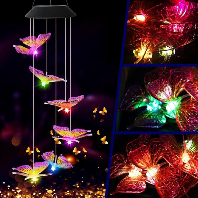 Solar Lights Outdoor Wind Chimes for Garden Yard Patio Porch Decor Hanging Butterfly Decorations, Birthday Gardening Gifts for Women