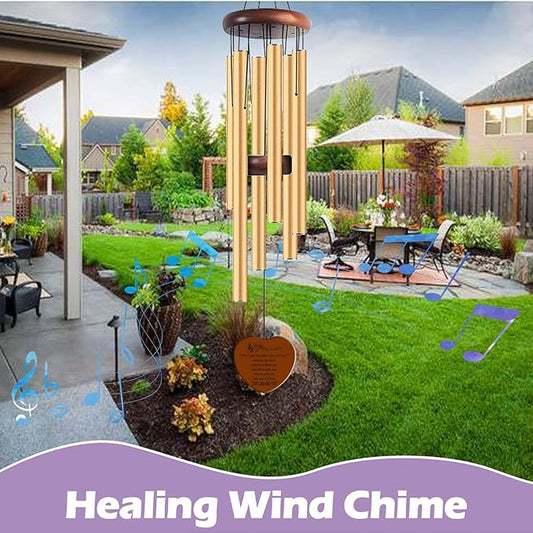 Healing Wind Chimes for Outdoor Garden, Large Memorial Musical Chimes with Heart Pendant, Gold Aluminum Tubes
