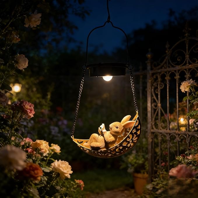Solar Rabbit Light Outdoor Statues, Waterproof Hanging Animal Figurine with Hook for Yard Garden Wall Balcony Tree Decoration, Garden Statues Lawn Ornaments for Outside Art Outdoor(1 Pack Rabbit)