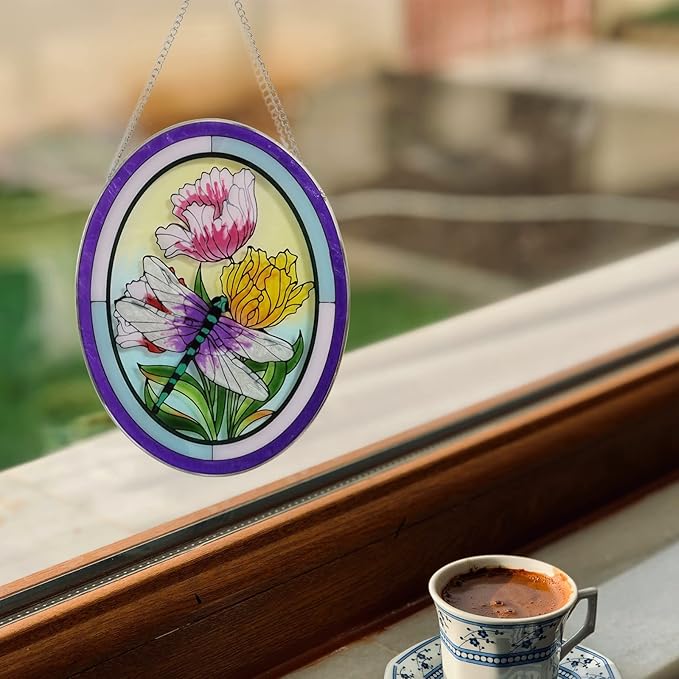 Stained Glass Window Hanging Dragonfly Suncatchers 10 Inch Glass Panel Sun Catchers Window Valentine Wall Art, Stained Glass Dragonfly Light Catchers for Windows Glass Valentine Gift