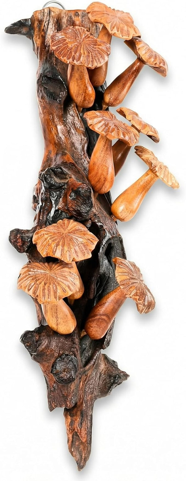 Curawood Wall Hanging Mushroom Decor - 11.8" x 5.9" Wooden Mushroom Wall Art - Handmade in Indonesia, Authentic Artisan Carving - Natural Toadstool Sculpture, Rustic Cottagecore Decorations for Home