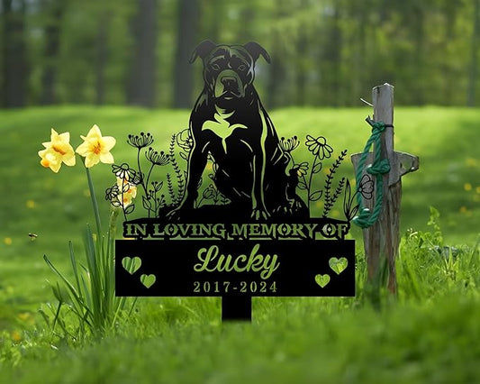 American Pit Bull Dog Metal Memorial Garden Stake, Dog Headstones Personalized, Pet Grave Markers Outdoor, Custom Name Sign Remembrance Stake, Pet Loss Memorial Plaque, Yard Sign