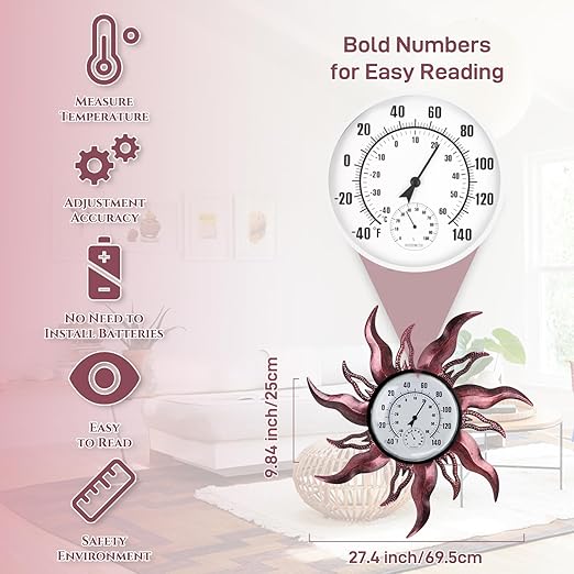 Large Sun Outdoor Thermometer, 27“ Metal Thermometer Outdoor Waterproof, Decorative Outdoor Thermometers for Patio, Outside Thermometer with Humidity(Copper)