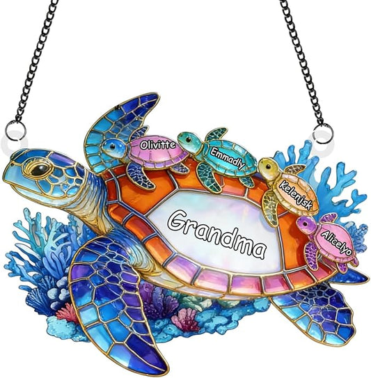 Personalized Grandma's Little Turtles Stained Glass Suncatchers, Custom Name Birth Month Flowers Acrylic Window Hanging Ornament, Mothers Day Christmas Birthday Gifts for Grandma Mom (Style 08)
