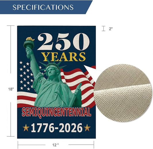250 Years America Garden Flag,250th Anniversary USA Patriotic Double-Sided Banner,Statue of Liberty Design, 12 x 18 Inch, 1776-2026 Semiquincentennial