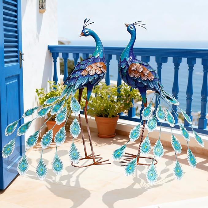 29 Inch Metal Peacock Decor, Outdoor Peacock Statues Yard Art, Garden Statues for Patio Yard Lawn Home Backyard Decorations, Set of 2