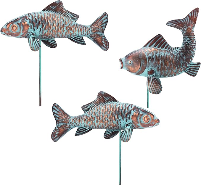 Outdoor Garden Statues Koi Fish Decor,Antique Copper Garden Sculptures & Statues for Outside,Patio,Backyard,Pond,Home,Decorations,Metal Yard Art Fish Stakes,Gifts for Mom Grandma,Set of 3