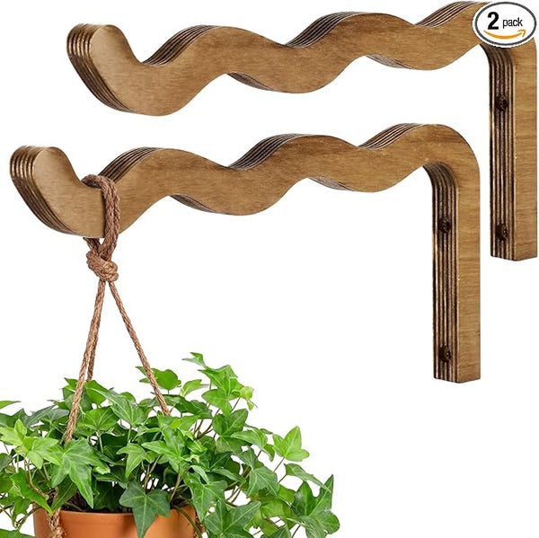 2 Pack Wooden Wall Plant Hangers, 12 Inch Wavy Hanging Plant Hooks Walnut Color Hanging Brackets for Indoor Outdoor Flower Pots, Wind Chimes, Lanterns, Bird Feeders