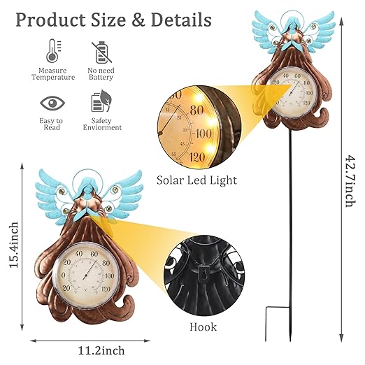 MUMTOP Indoor Outdoor Thermometer - Angel Wall Thermometer, Solar Lights Decorative Temperature Thermometer with Garden Stake for Patio, Room, Greenhouse, Outside Decor