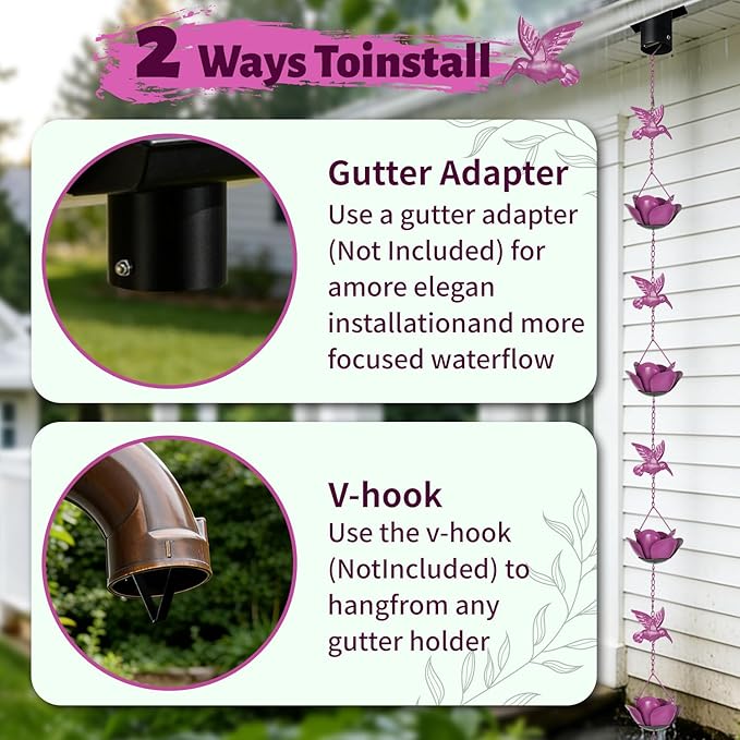 9.2ft Rain Chains for Gutters Outside,Rain Catcher Chain with 6 Lotus Rain Metal Cups & 7 Hummingbird Decor,Adjustable Rain Catcher Chain Replacement Downspout for Gutters,Drainage & Eaves