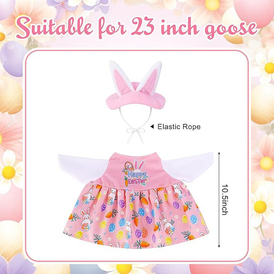 Watayo 2 Pcs/Set Easter Bunny Porch Goose Outfits, Spring Easter Rabbit Lawn Goose Clothing Costume, Garden Goose Clothes Pink Dress and Bunny Ears Hat for 23" High Statue Outdoor Patio Yard Decor