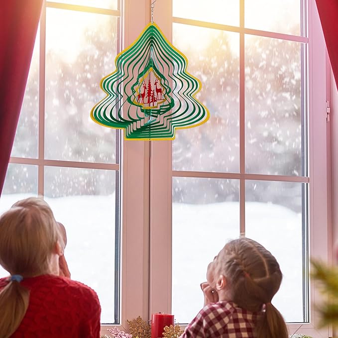 3D Metal Wind Spinner Christmas Tree Shape Stainless Steel Yard Decorations Spinner with a Routing Hook for Outdoor Garden House Hanging Decoration Gift with 360 Rotating Hook for Home Yard Decor