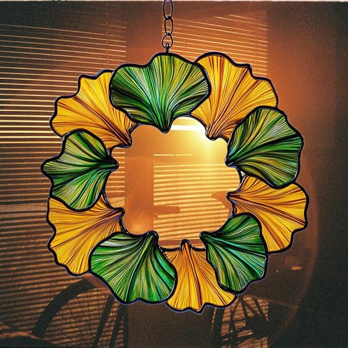 Ginkgo Wreath Acrylic Suncatcher Stained Glass Effect Window Car Hanging Christmas Ornament Indoor Outdoor Decor Garden Sun Catcher Panel for Acrylic Suncatcher Lover for Women Mom Grandma
