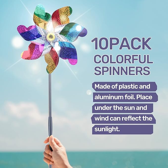 BATTIFE Reflective Pinwheels for Yard and Garden, Pre-Installed Sparkly Blind Birds Pin Wheel, Scare Birds & Animal Away Wind Spinner, 10 Pack (Colorful)