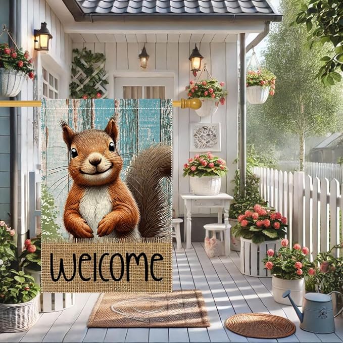 Spring Summer Garden Flag Welcome Garden Flags 28x40 inch Double Sided Small Burlap Squirrel Decor Yard Lawn Outdoor Home Decoratio