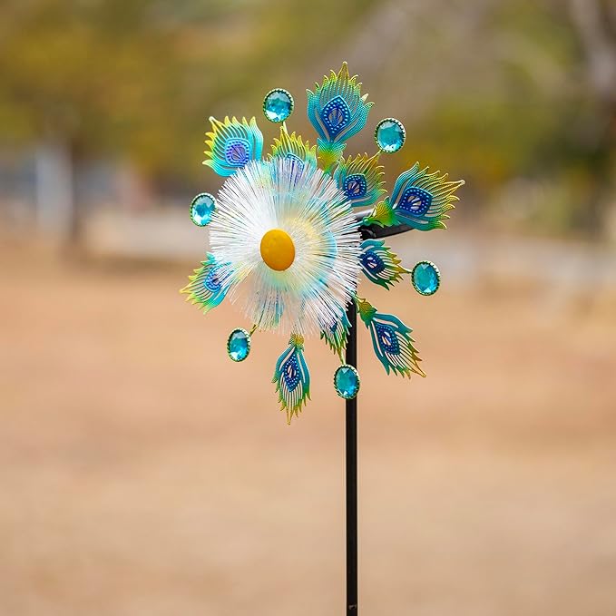 46" Peacock Feather Solar Wind Spinners Led Garden Wind Spinner, Sapphire Kinetic Windmill Wind Spinner Outdoor Decor, Wind Sculpture for Patio, Lawn & Garden