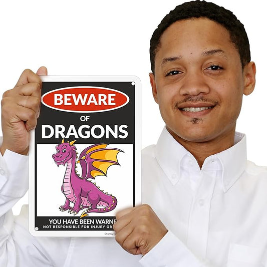 SmartSign Funny Beware Of Dragons Warning Sign - 10"x7", 40 mil Laminated Rust-free Aluminum - Metal Signs for Wall Decor, Outdoor, Patio, Gifts, Cafe - Dragon Theme, Made in USA
