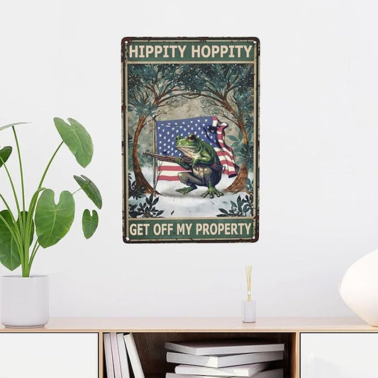 Vintage Metal Frog Door Sign - American Flag Design - Funny & Retro Room Decor - 8x12 Inch Tin Plate - for Garden, Home & Bedroom - 'Hippity Hoppity, Get Off My Property' No Trespassing Banner
