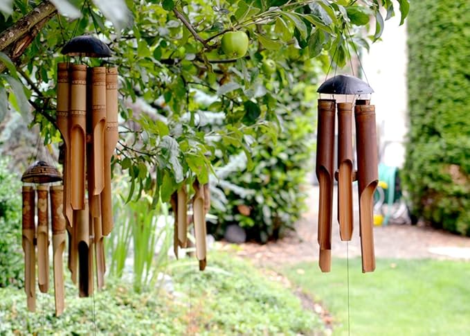 Cohasset Gifts Bamboo Wind Chime | #133 | Plain Antique Bamboo Wind Chime | Wood Outdoor Home Décor | Natural Beautiful Sound | Medium | Natural Wood Finish |