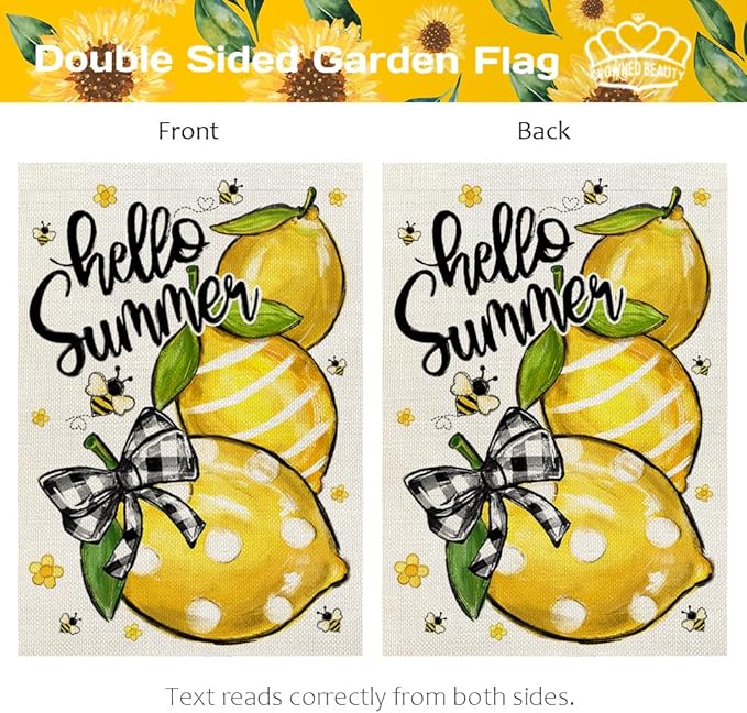 CROWNED BEAUTY Hello Summer Garden Flag Lemons 12x18 Inch Double Sided Small Yellow Floral Seasonal Holiday Decoration for Outside Yard