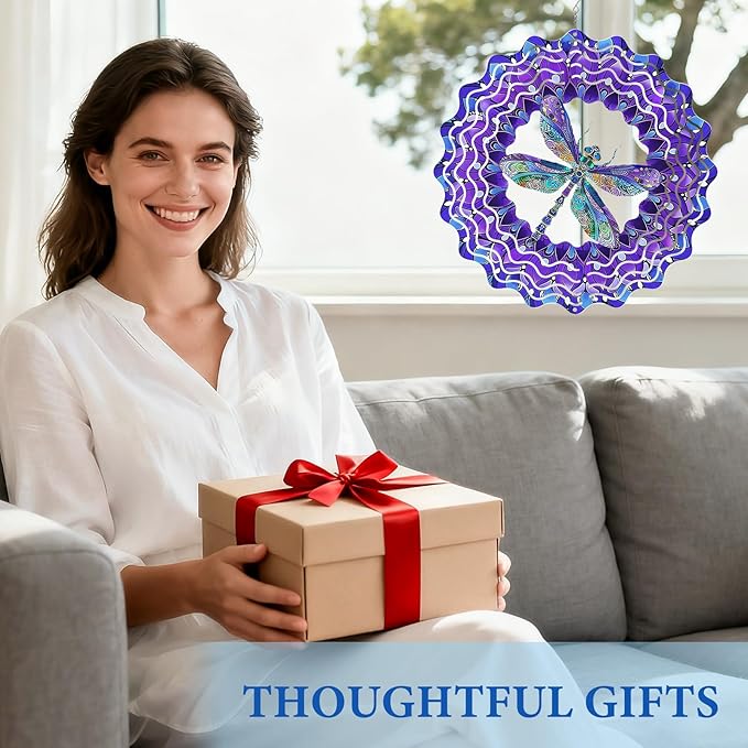 Wazzio Dragonfly Wind Spinners Outdoor, Dragonfly Gifts for Women Wife Mom Grandma, Hanging Wind Sculptures Spinners, 12 inch Outdoor Indoor Hanging Ornament for Christmas