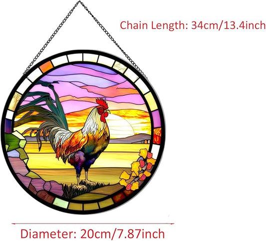 Rooster Hanging Stained Glass Sun Catcher,20cm/7.87inch Hand-Painted Sun Catcher Garden Hangings Christmas Mother's Day, Valentine's Day Ornaments Festival Gift
