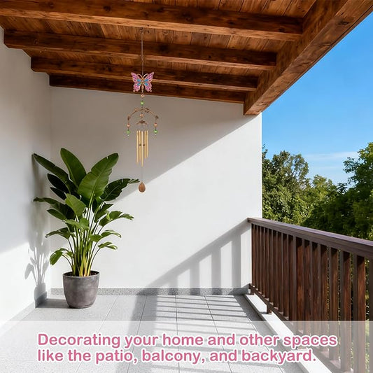 Pink Butterfly Wind Chimes - Wind Chimes for Outside Deep Tone 34 inches 5 Aluminum Tubes, Birthday, Memorial, Butterfly Gifts for Mom, Grandma, Daughter, Decor for Home, Garden, Patio, Backyard