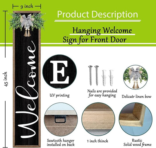 flowtorely Outdoor Welcome Sign for Front Porch Standing 45"×9" Vertical Leaner Wood Frame Tall Outside Rustic Large farmhouse Home Decor Welcome Sign for Front Door Decorations (Wood Black)