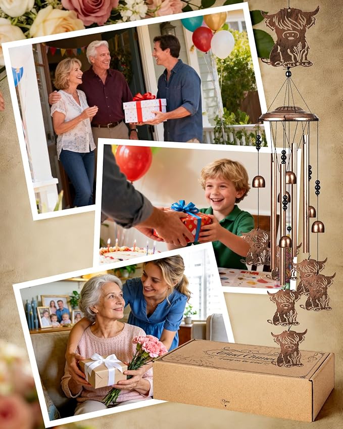 Highland Cow Wind Chimes Outdoor Decor Highland Cow Birthday Gifts for Women Mom Sister 34 Inch Metal Windchimes for Outside Porch, Garden, Yard Decoration