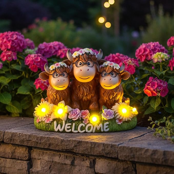 Highland Cow Decor Solar Garden Statue 5.3",Funny Resin Cow Family Figurine with Glasses & Welcome Sign,Cute Farmhouse Outdoor Yard Art for Patio Porch Lawn,Housewarming Birthday Gifts for Women Mom