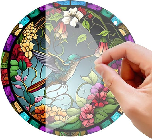 Stained Glass Window Hanging,Paint Bird Flower Suncatcher Diamond Glass Panel Bird Sun Catchers Decor for Birthday for Women, Men, Wife, Aunt, and Friends 5.9x5.9 in