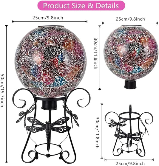 Stargarden Solar Gazing Ball, 10" Mosaic Gazing Ball,Glass Gazing Globe with Metal Stand, Decorative Solar Globes for Patio, Lawn, Garden Decor(Red)