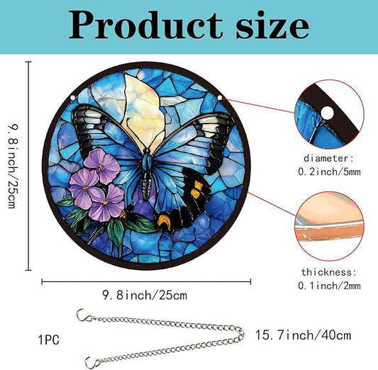 CREATCABIN Butterfly Sun Catchers Round Acrylic Suncatchers Stained Animals Window Wall Art Hanging Ornaments with Metal Chain for Housewarming Living Room Bedroom Home Garden Decor 9.8 Inch