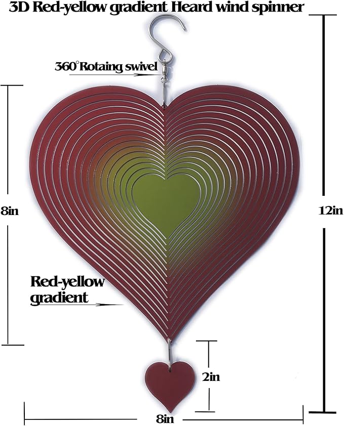 DJUAN Wind Spinner Red-Yellow Gradient Love Heart 3D Metal Hanging Wind Spinners Worth Gift Stainless Steel Yard Art Decorations Indoor/Outdoor Kinetic Wind Sculptures & Spinners