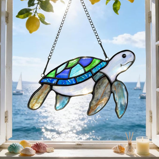 Sea Turtle Suncatcher Decor,Handmade Stained Glass Window Hanging Ornament,Spring Summer Home Decor for Indoor Outdoor,Mother's Day Housewarming Gifts for Turtle Lovers