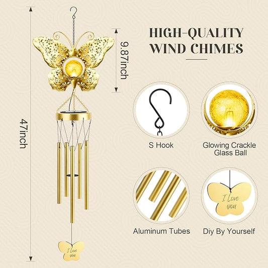 JYPS Butterfly Solar Wind Chimes, 40-Inch Large Waterproof Windchime for Outside with Glowing Crackle Glass Ball, Garden Patio Yard Decor Christmas Day Birthday Unique Gifts for Women Mom Grandma Wife