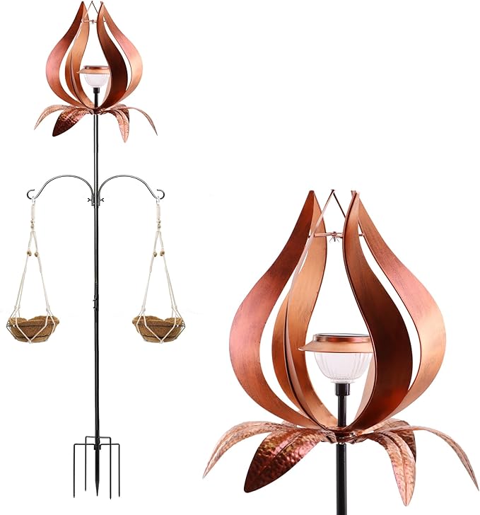 Multi-Functional Yard Wind Spinners with Solar Lights Outdoor Garden,YNGFIL Large Ornaments Outdoor with Double Shepherds Hooks and Coconut Fiber Liner Hanging Planters (83 in)