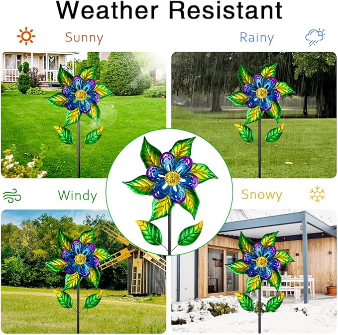 Wind Spinners Outdoor,13'' Dia Metal Flower Pinwheels,Waterproof Wind Sculpture with Metal Stake,Wind Spinner for Outdoor Patio Decor