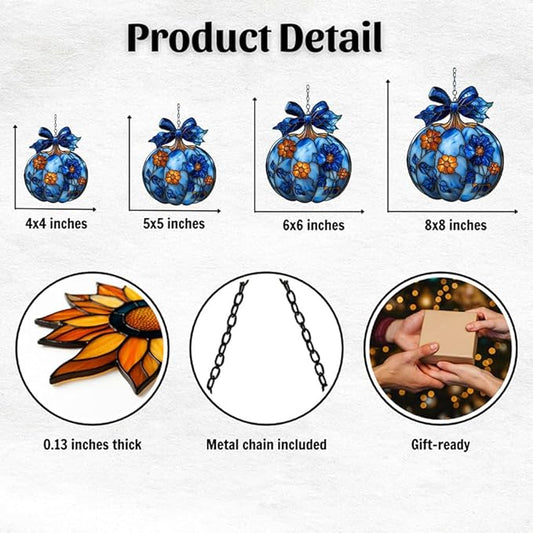 Blue Floral Pumpkin Acrylic Suncatcher Stained Glass Effect Window Car Hanging Christmas Ornament Indoor Outdoor Decor Garden Sun Catcher Panel for Halloween Lover for Women Mom Grandma