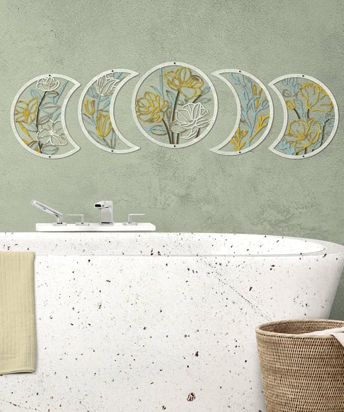Putuo Decor 5 Pcs Moon Phase Wall Art Set, Minimalist Flower Boho Wall Decor Aesthetic, Spiritual Floral Moon Hanging Art Ornament for Apartment Living Room Bathroom Bedroom Above Bed