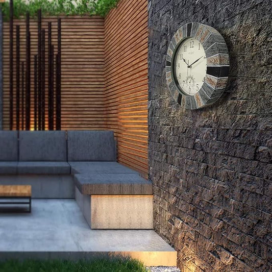 OCEST 13 Inch Large Outdoor Indoor Clock, Waterproof Wall Clock with Thermometer, Weather-Resistant Non-Ticking Battery Operated Decor for Patio, Pool, Lanai, Fence, Porch, Garden(Brown)