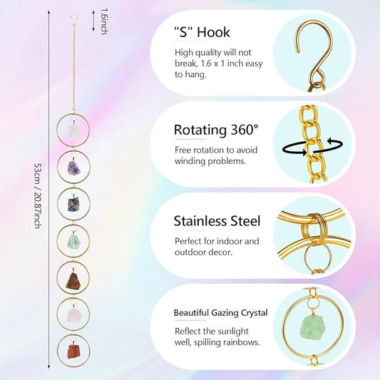 Thyle Healing Crystal Wind Chimes for Outside Window 7 Chakra Hanging Crystal Sun Catchers for Easter Indoor Outdoor Home Wall Decor Birthday Gifts(Rough Stone Style)
