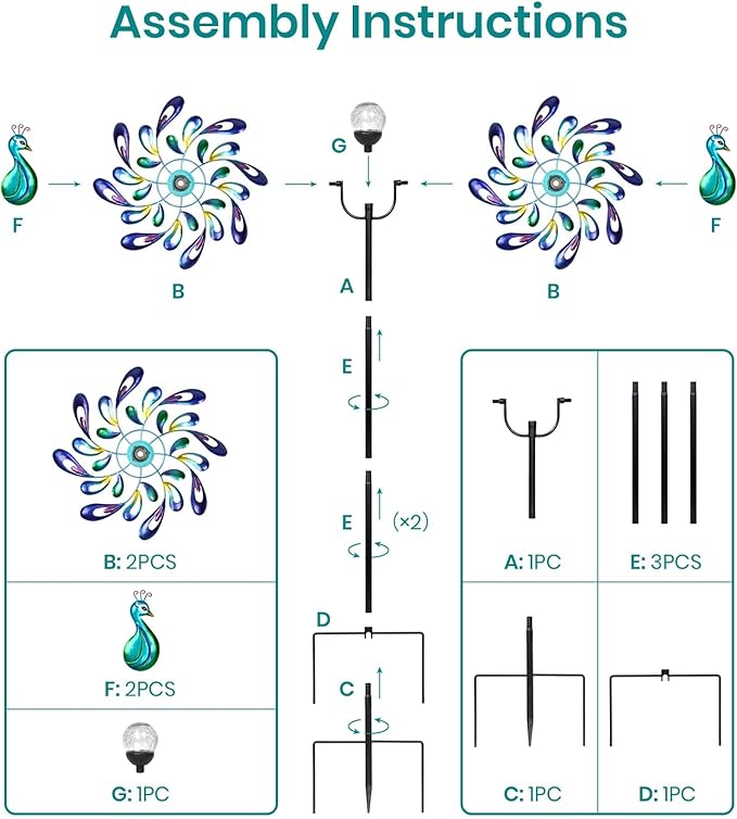 Peacock Wind Spinners Outdoor for Garden, Colorful Metal Kinetic Yard Art with Radial Motion, Decorative Outdoor Wind Sculpture for Lawn, Patio & Walkway