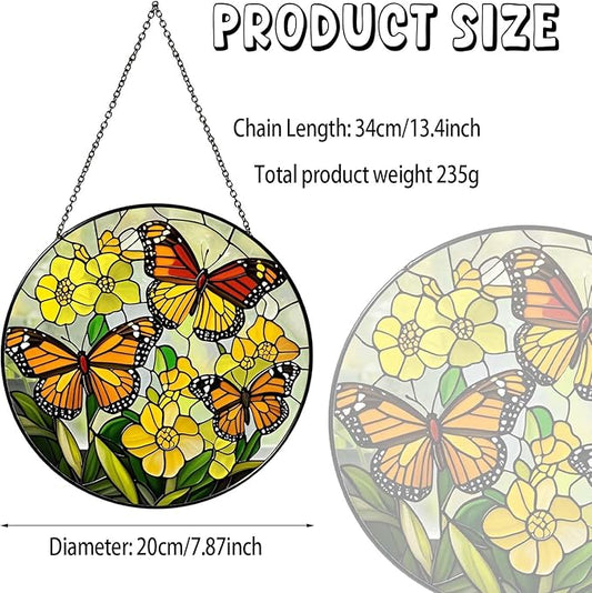 Butterfly with Flowers Sun Catcher Stained Glass Window Hanging for Women Butterfly Decor Handmade Sun Catcher Decoration for Garden Home Housewarming Gifts, 7.87inch