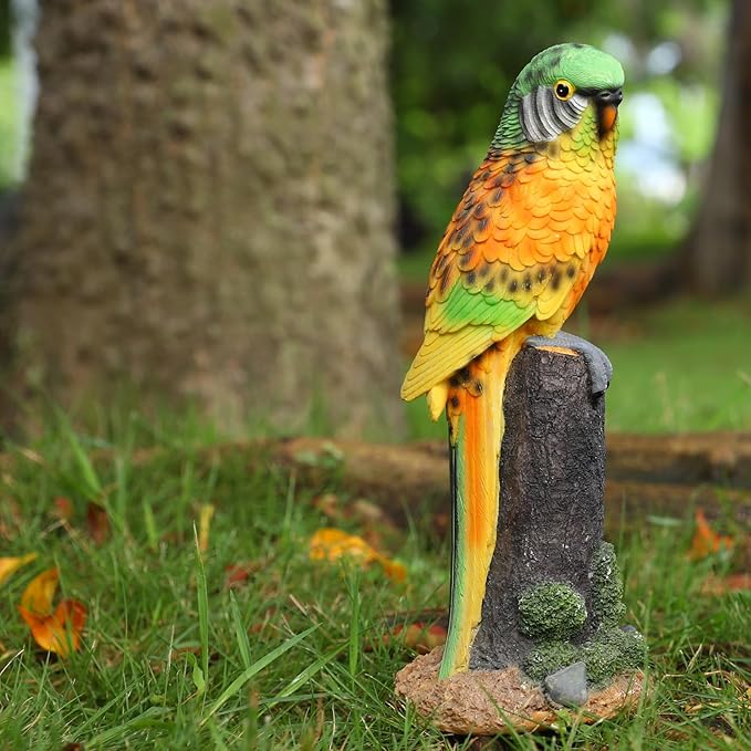 Macaw Parrot Garden Statue, 10.6" Hand-Painted Tropical Bird Figurine, Decorative Art Deco Accent for Patio and Home, Lifelike Design (Yellow)