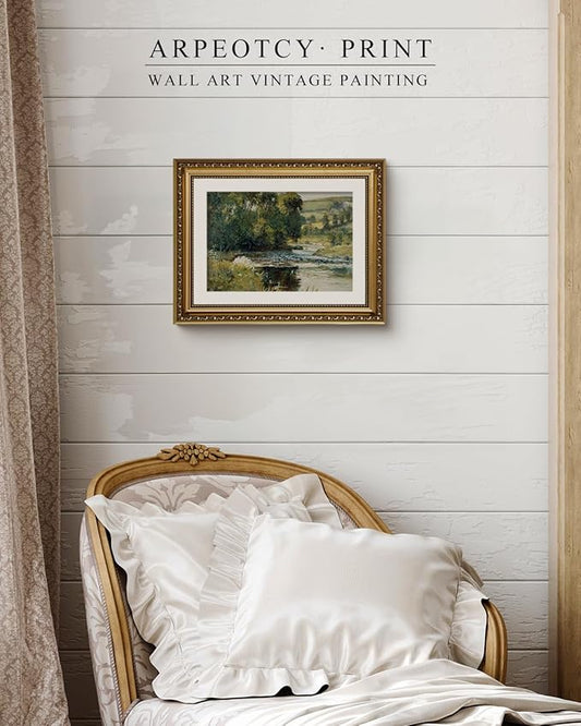 ARPEOTCY Vintage Gold Framed Wall Art, Nature Streamside Retro Paintings, Canvas Prints Artwork with Antique Frame, Victorian Wall Pictures Decor for Living Room Gallery Room 11x14 inch