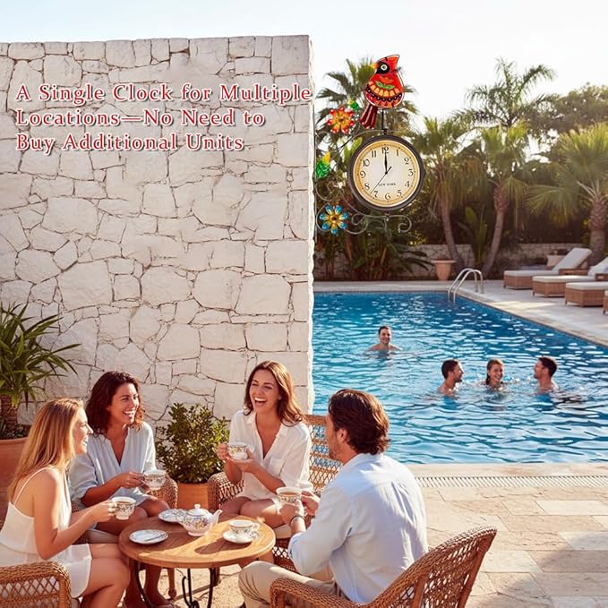 Vintage Indoor Outdoor Clock - Silent Non-Ticking, Double Sided Wall Clock with Cardinal Decor Waterproof for Garden, Patio, Yard, Farmhouse, Home Décor (Red)
