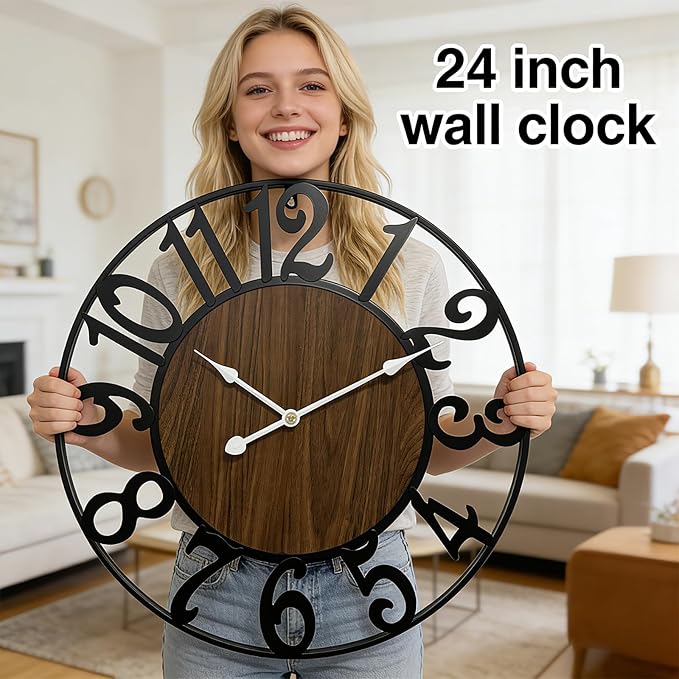 Large Outdoor Clock for Patio - 24 Inch Silent Non-Ticking Outdoor Wall Clock for Garden, Porch, Pool Area - Vintage Farmhouse Wooden & Black Metal Decorative Clock for Living Room, Kitchen