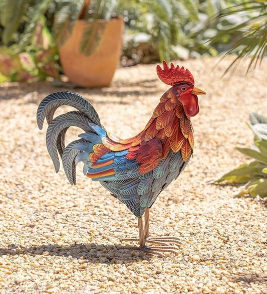 Wind & Weather Colorful Iron Rooster Garden Statue 14.5" W by 16" H by 6" D Rooster Statue for Garden, Patio, Porch, or Kitchen with Textured Feathers and Powder Coat Finish for Long-Lasting Color